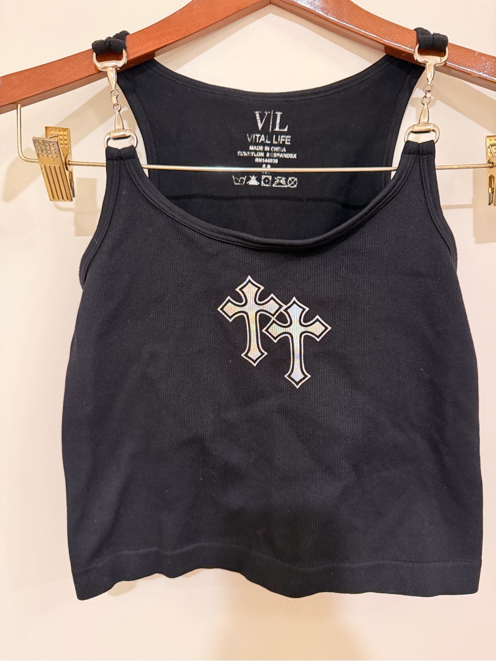 Vital Life Black Ribbed Tank with Cross Graphic and Ring-Strap Detail Size M